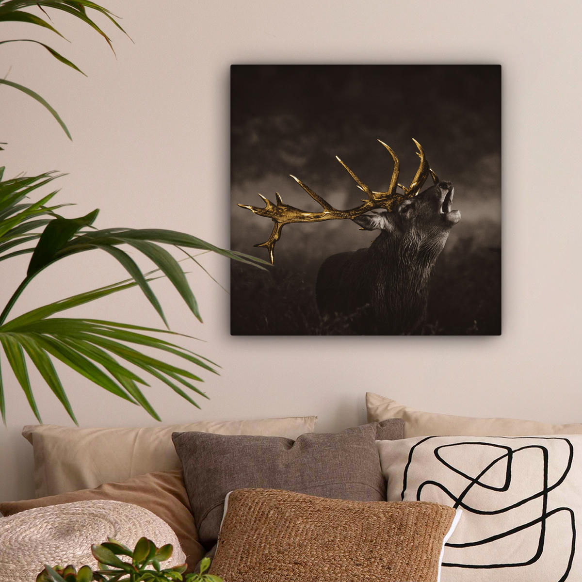 LEINWANDBILD Rotwild - Schwarz - Gold 50x50 cm - Braun, Textil (50/50cm) - MuchoWow