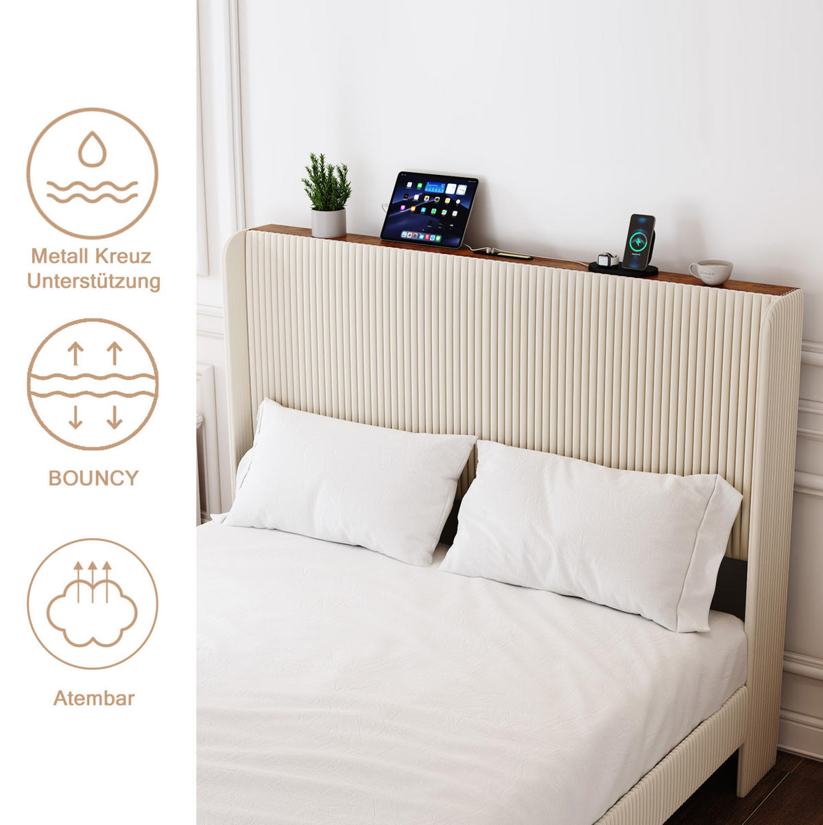 POLSTERBETT 180x200 cm in Beige und Creme mit Cord-Kopfteil und Metalllatten - Beige, Textil (180/200cm) - IVMEU