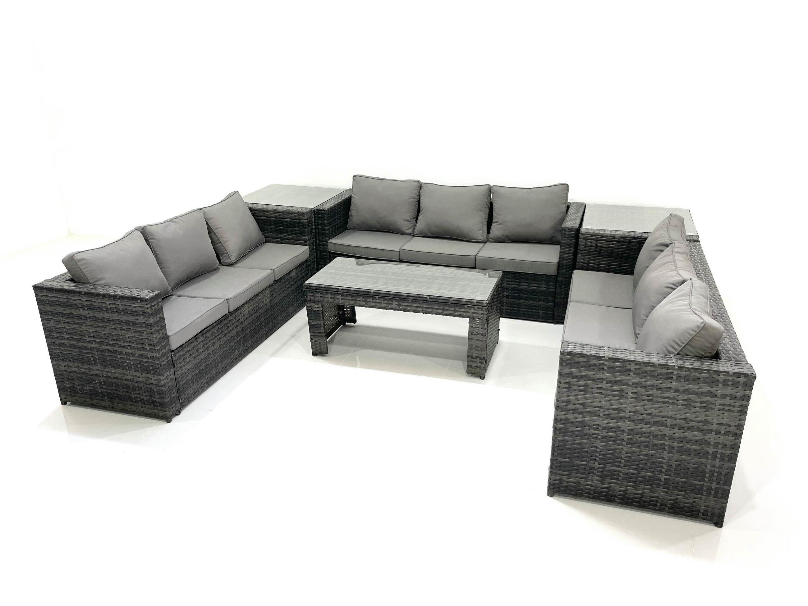 GARTENMÖBEL COUCHTISCH SET mit Sofa Polyrattan Outdoor 9-Sitzer - Dunkelgrau/Grau, Glas/Kunststoff - Fimous