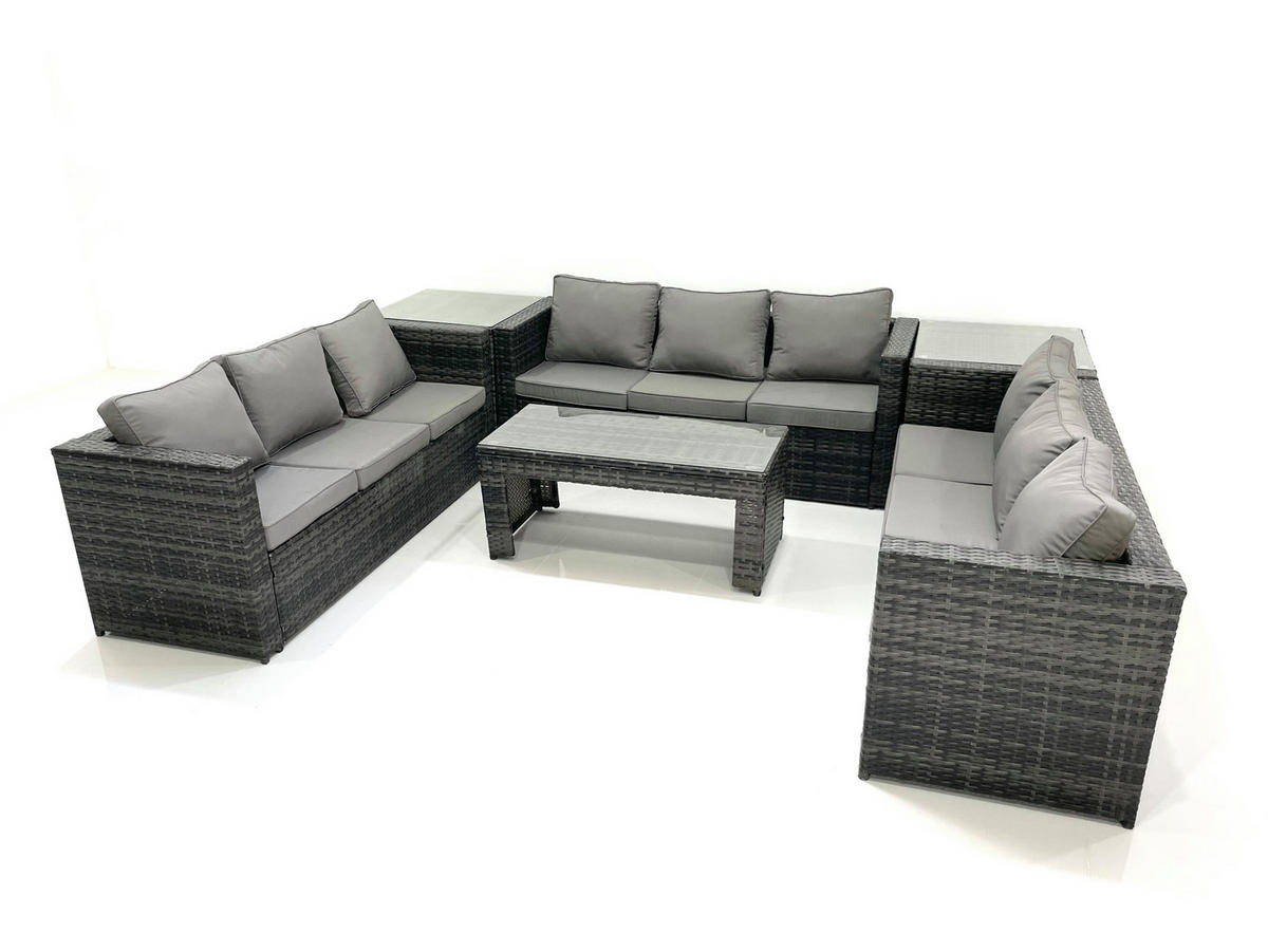 GARTENMÖBEL COUCHTISCH SET mit Sofa Polyrattan Outdoor 9-Sitzer - Dunkelgrau/Grau, Glas/Kunststoff - Fimous