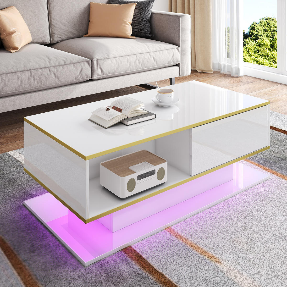 COUCHTISCH 100/50/40 cm Weiß Gold mit LED-Beleuchtung und 3 Schubladen Hochglanz - Weiß, Holzwerkstoff (100/50/40cm) - OKWISH
