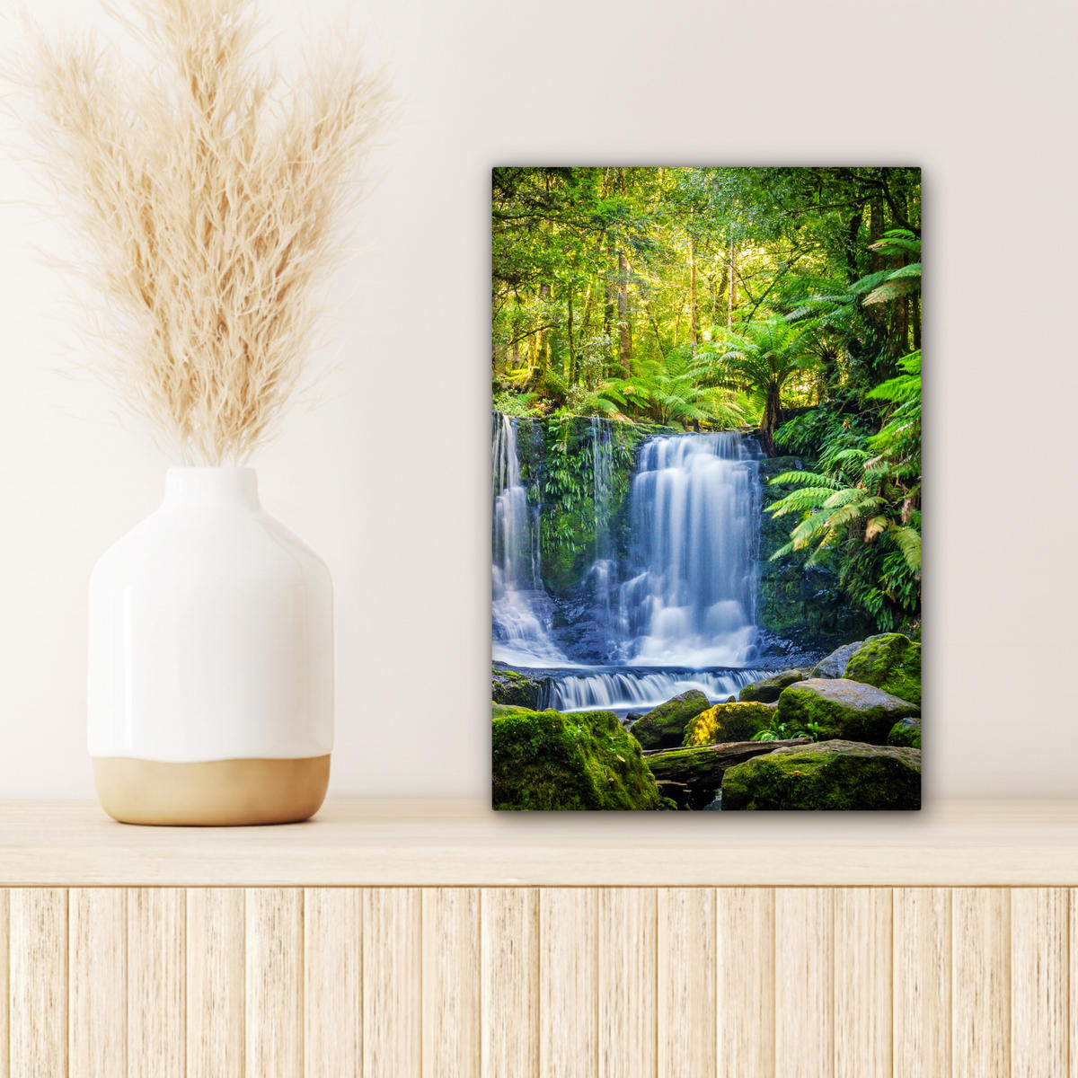 LEINWANDBILD Dschungel - Wasserfall - Australien - Pflanzen - Natur Deko Wohnzimmer 20x30 cm - Dunkelgrün, Textil (20/30cm) - MuchoWow