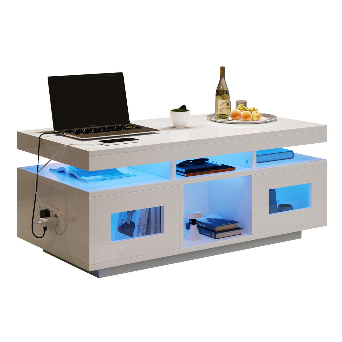 COUCHTISCH 100/50/43 cm aus Spanplatte 100/50/43 cm mit LED-Beleuchtung, Steckdose, USB-Anschluss und Stauraum, Weiß - Weiß, Holzwerkstoff (100/50/43cm) - Redom