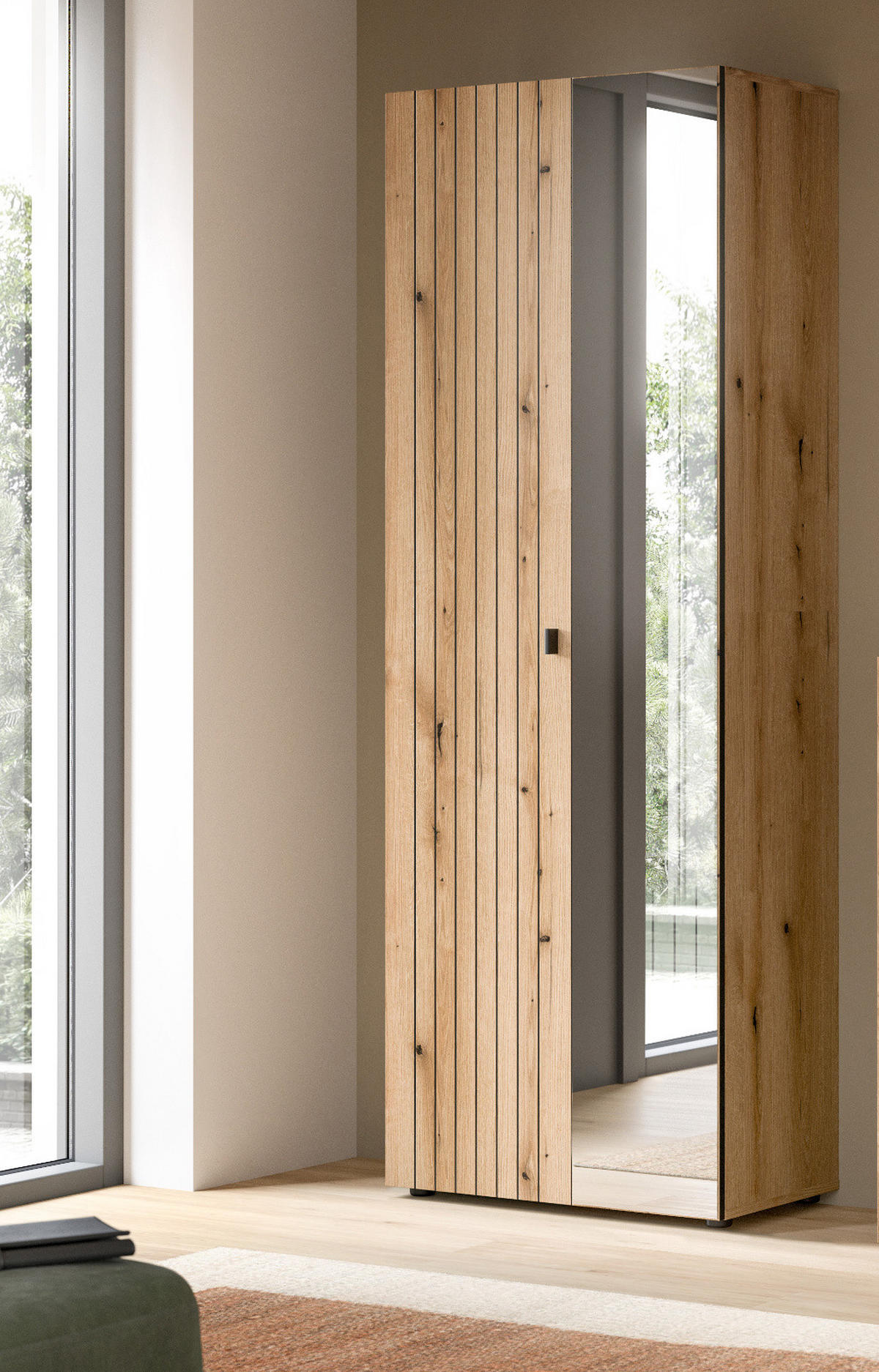GARDEROBENSCHRANK Evoke Eiche 70 x 192 cm, Schuhschrank mit Spiegel - Schwarz/Eiche Artisan, Glas/Holzwerkstoff (72/192/37cm) - Inn.Furn