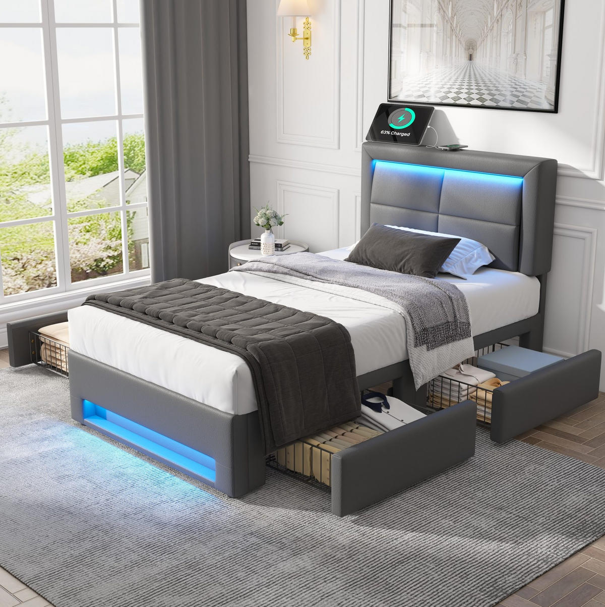 POLSTERBETT 90/200 cm Grau mit LED-Beleuchtung, USB-Ladefunktion und 4 Schubladen - Grau, Kunststoff (90/200cm) - Flora Grace
