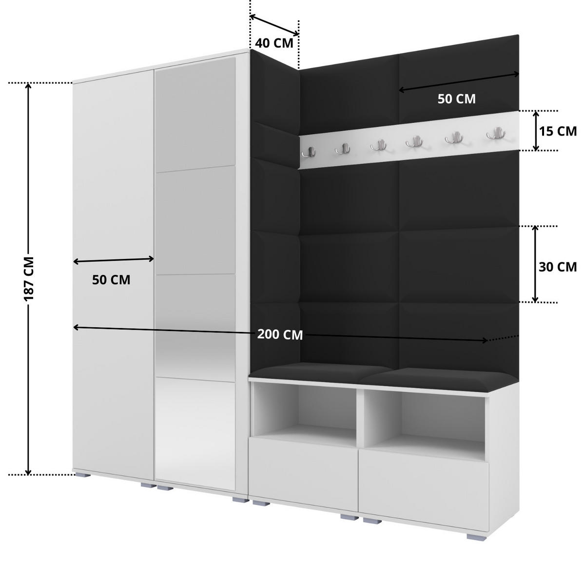 GARDEROBE NELA VI 200 cm (Kompaktgarderobe Weiß mit Spiegel & Sitzpolster Schwarz 16 Schrank & Paneel) - Silberfarben/Schwarz, Holz/Holzwerkstoff (200/187/40cm) - Ravio
