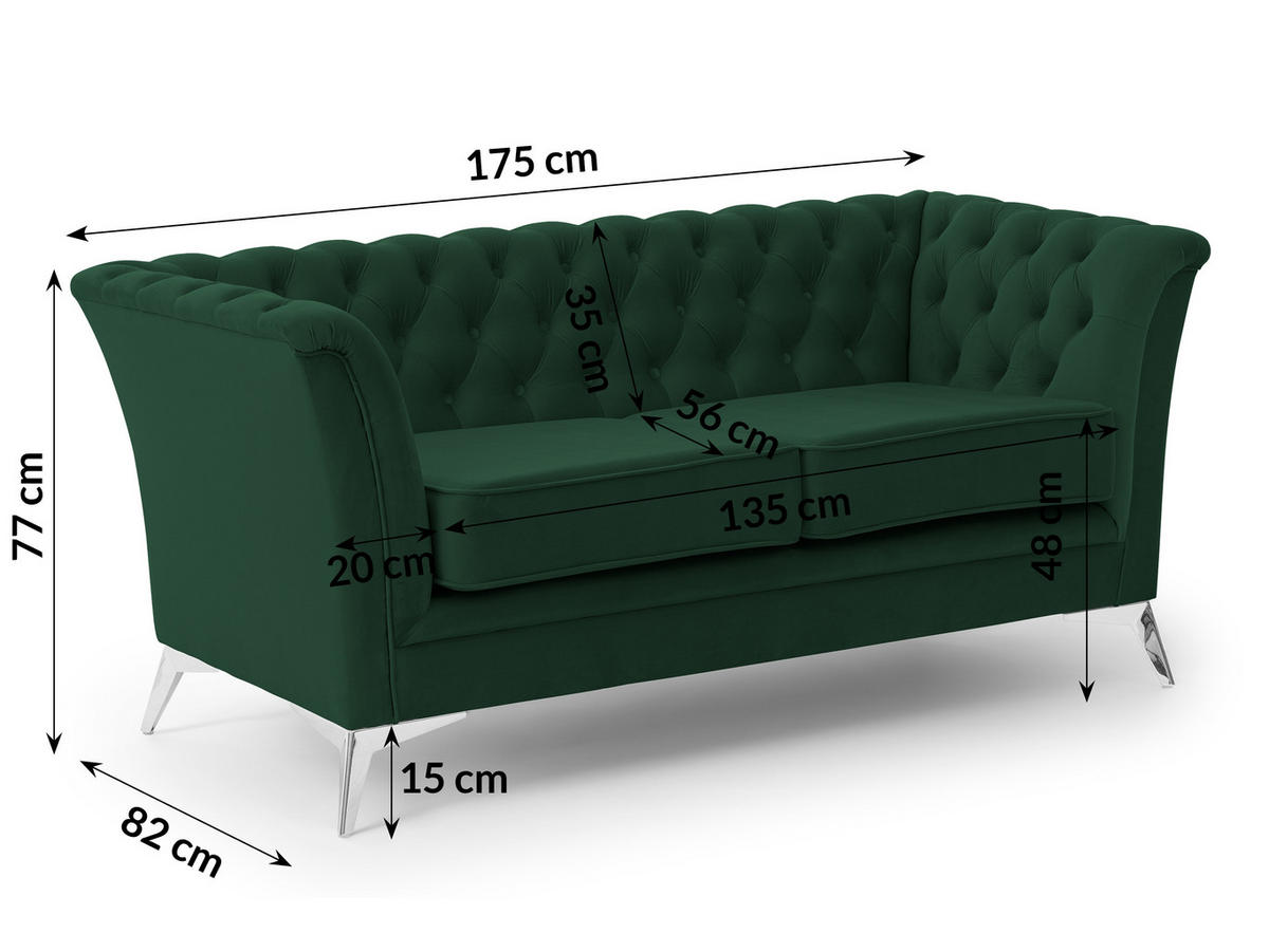 SITZGARNITUR 3+2 Chesterfield Whitby Flasche Grün Samt mit silbernen Füßen - Dunkelgrün/Silberfarben, Holz/Textil (237/78/82cm) - S-Style Möbel