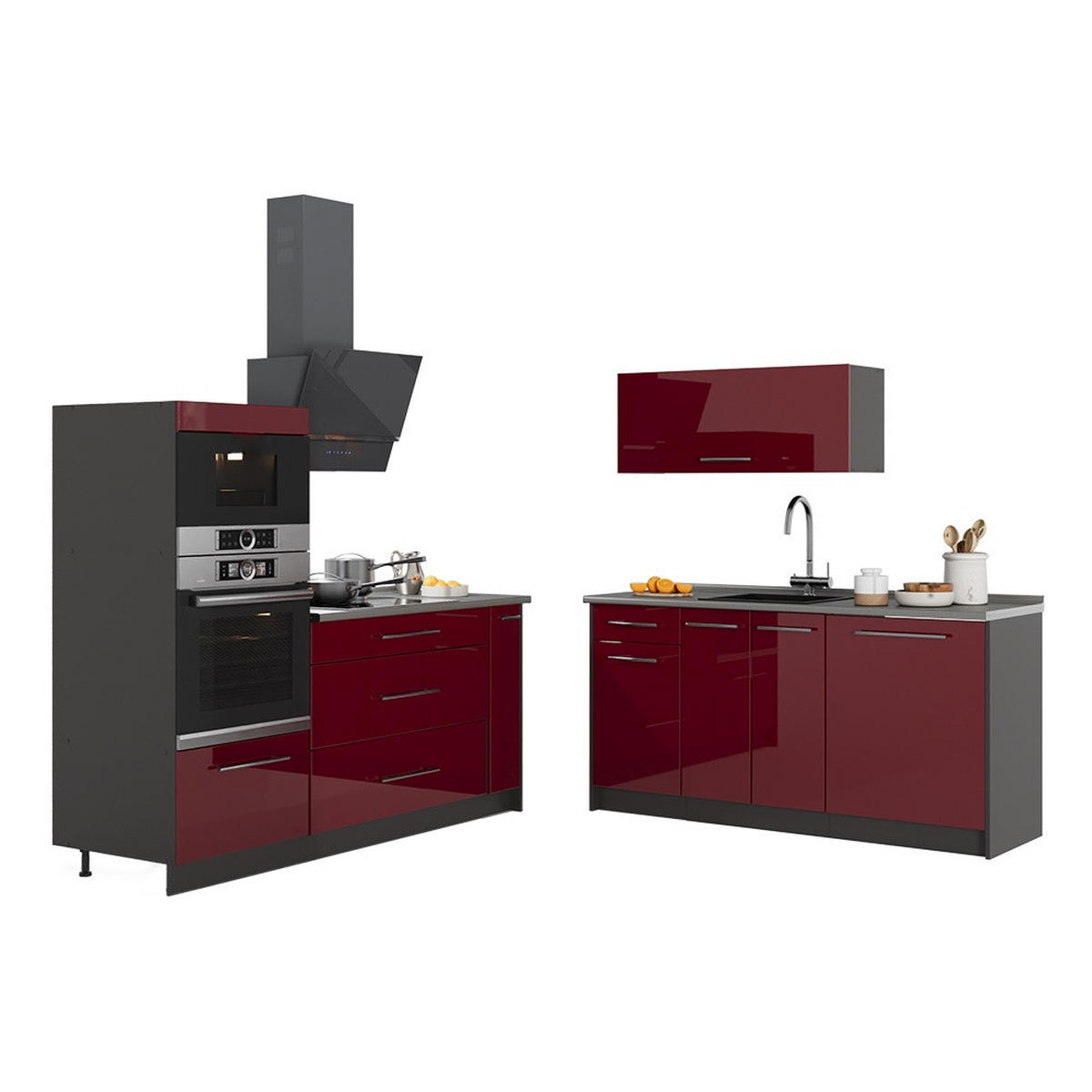 KÜCHENZEILE Fame-Line, Bordeaux Hochglanz/Anthrazit, 340 cm, AP Anthrazit - Bordeaux/Anthrazit, Holzwerkstoff (340/153.6/60cm) - Vicco