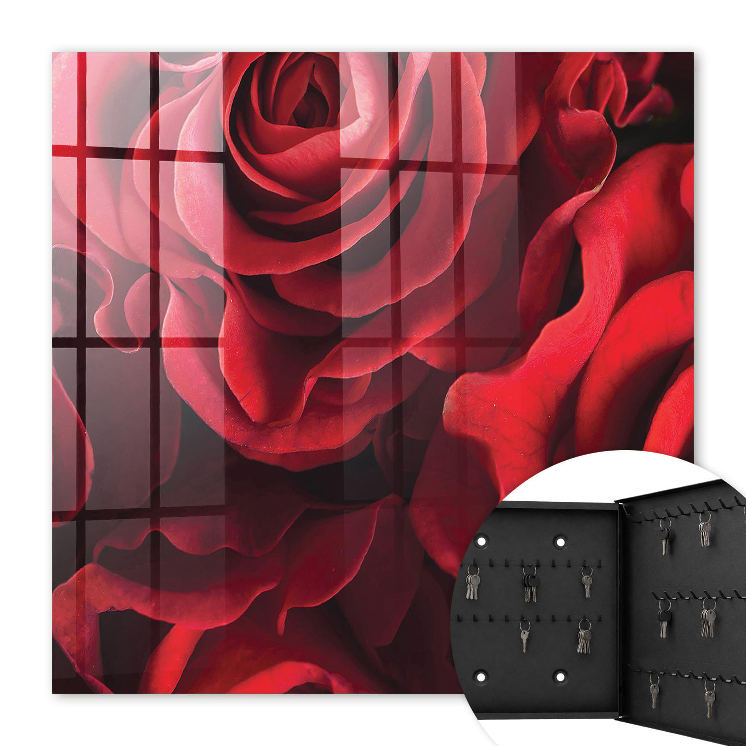 SCHLÜSSELBOX Schwarz 30x30 cm- Türöffnung nach rechts - Rote Rosen - Rot, Metall (30/30/5cm) - TULUP