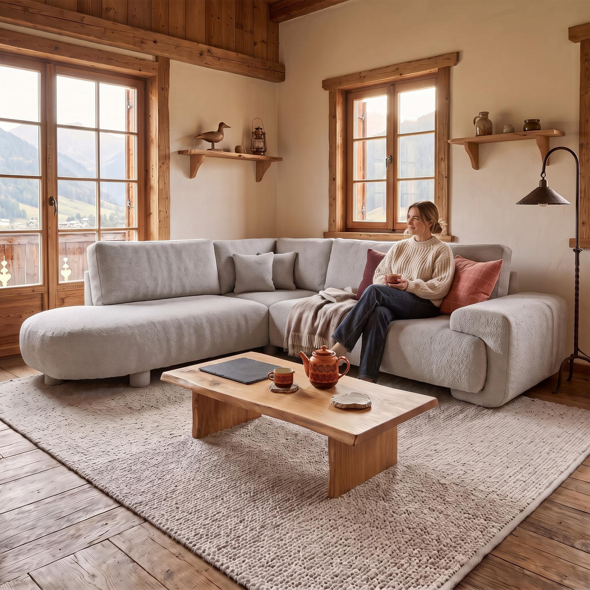 4-SITZER Ecksofa MIRABEL L Links 285x255 cm Bouclé Beige - Beige, Holz/Kunststoff (285/255cm) - Muffo