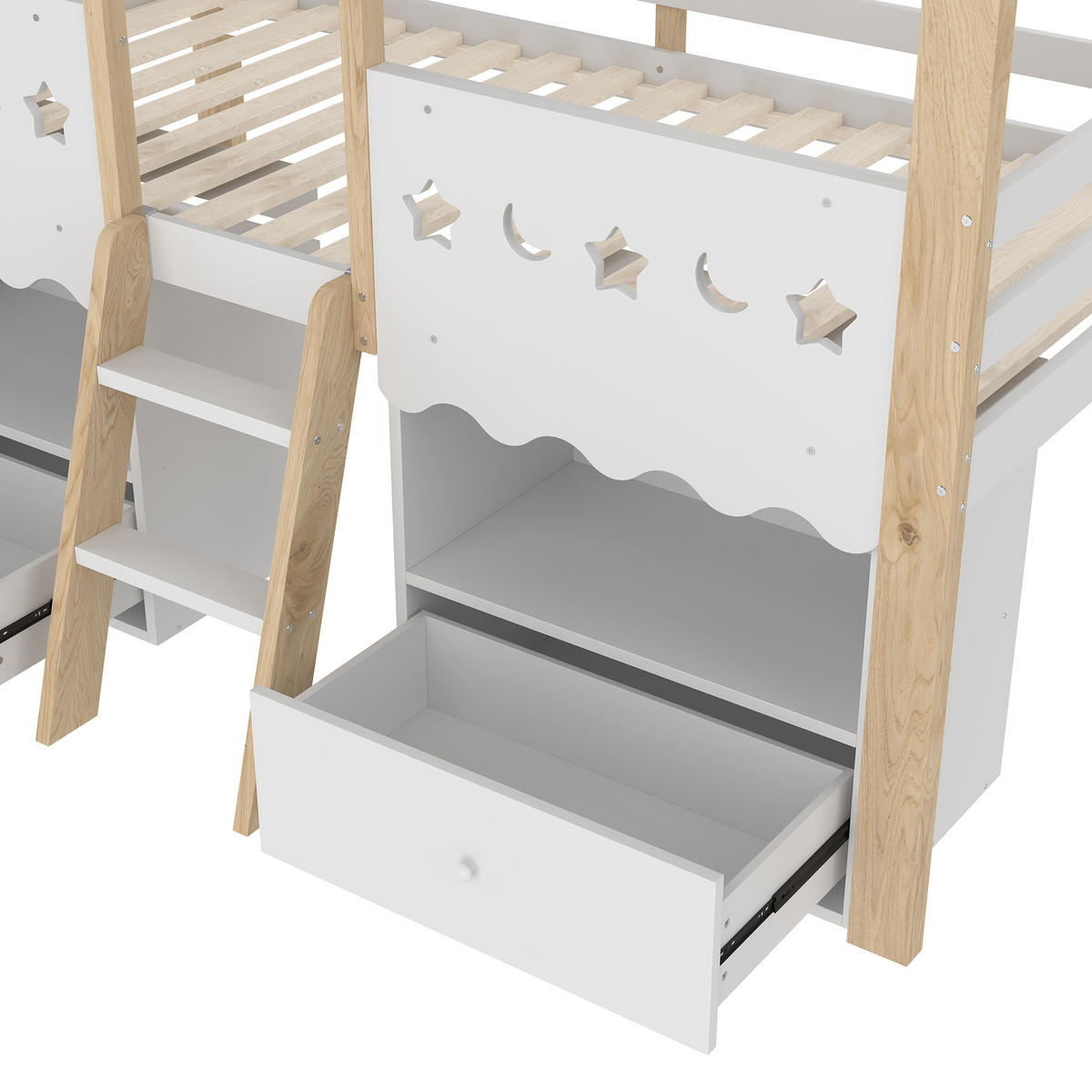 HOCHBETT 90/200 cm Hausform mit 2 Schubladen und LED-Beleuchtung in Weiß + Natur - Weiß, Holz (90/200cm) - OKWISH