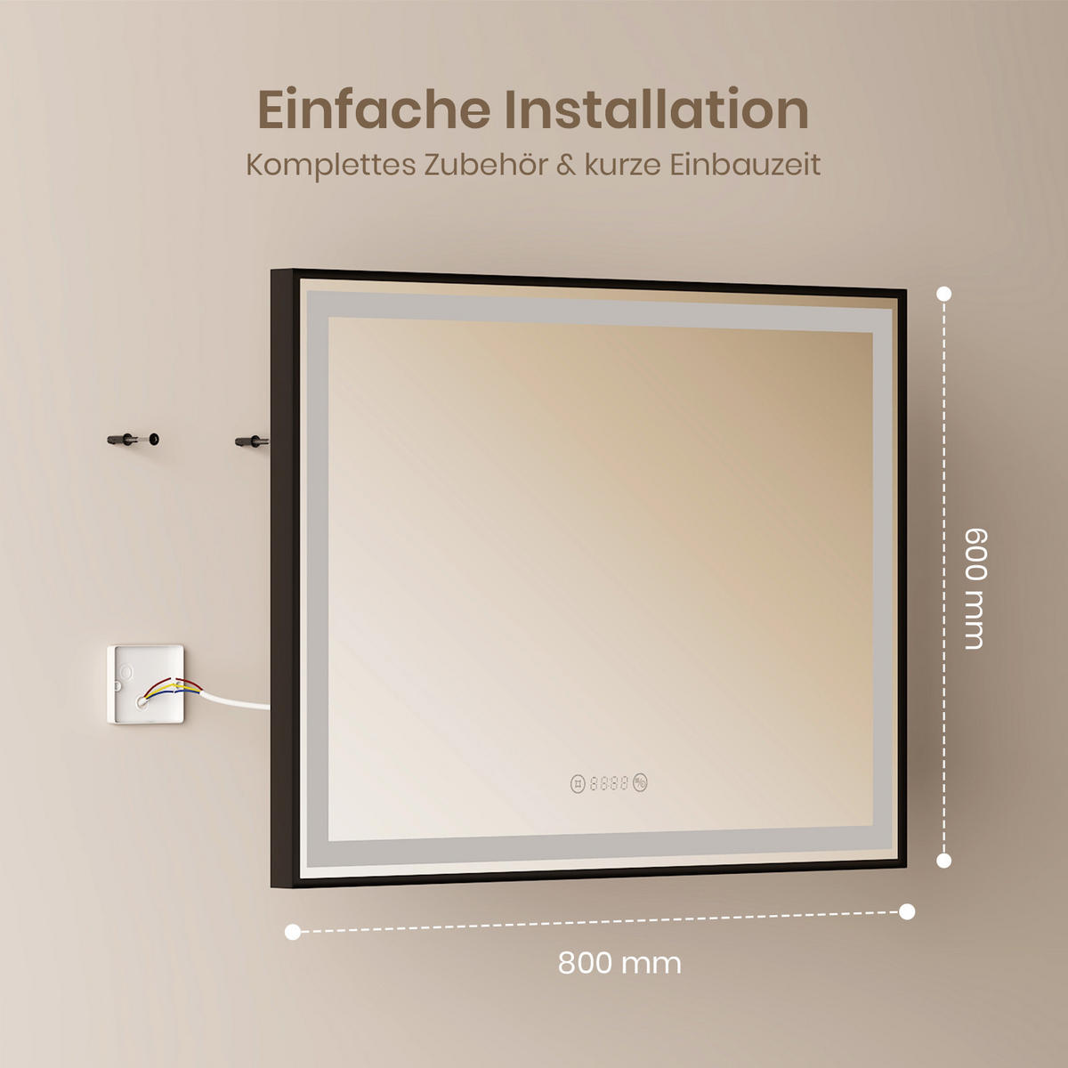 BADSPIEGEL mit Beleuchtung Schwarzer Rahmen 80/60 cm - Weiß, Glas (60/4/80cm) - EMKE