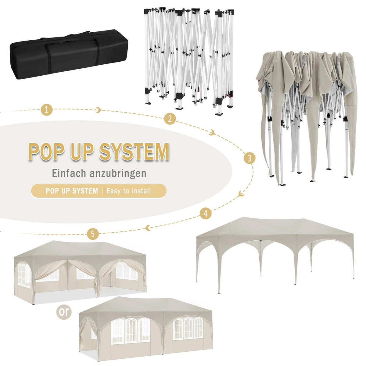 PAVILLON 3x6 m Beige mit 6 Seitenwänden - Beige, Textil/Metall (583/293cm) - Kaket