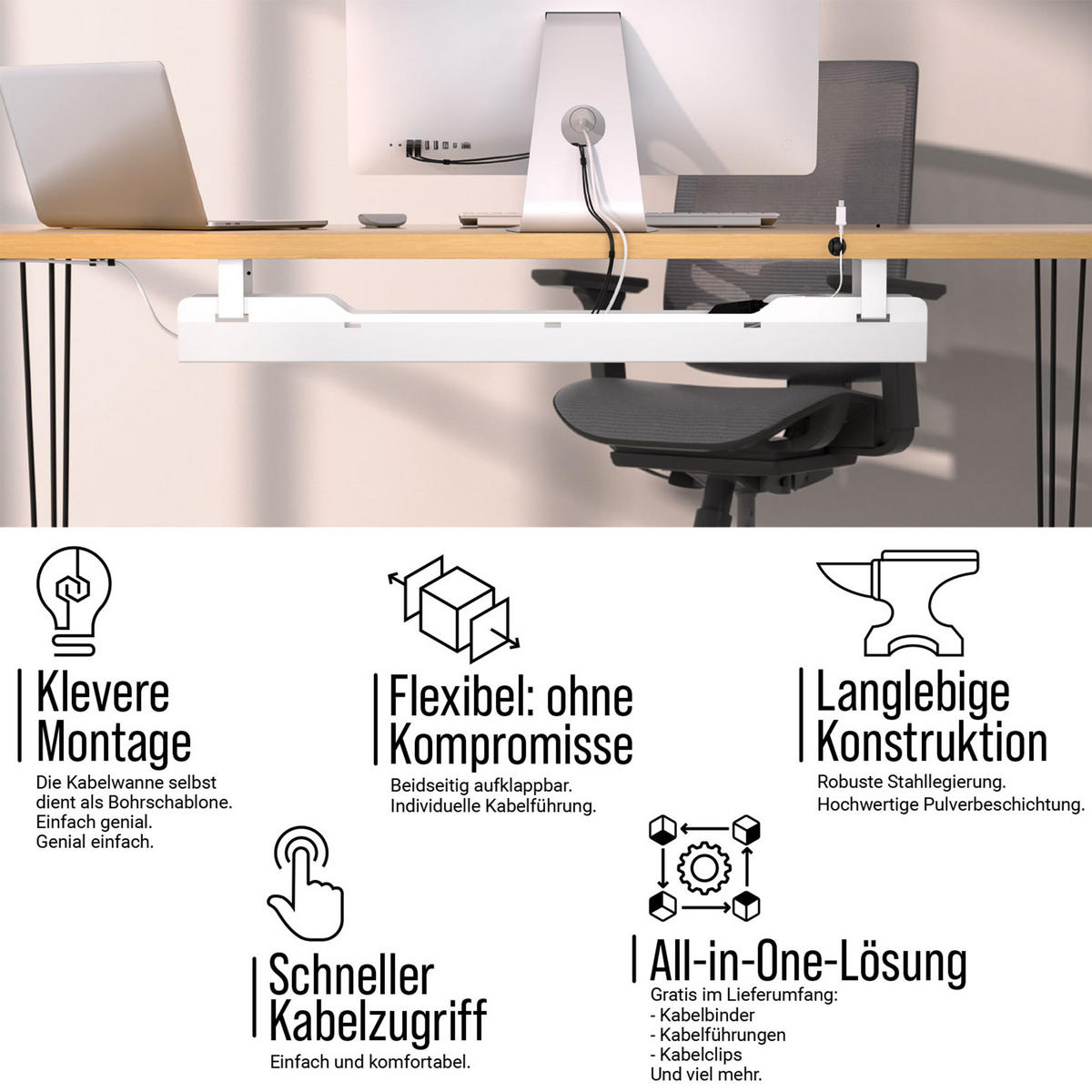 KABELWANNE Schreibtisch - Kabelmanagement, weiß - Weiß, Metall (90/10.8/13cm) - Ultimate Setup