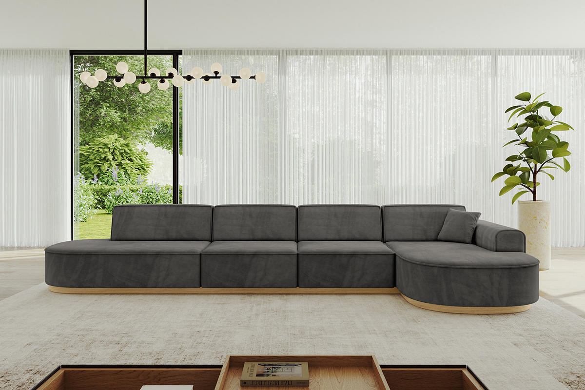 ECKSOFA Ottomane Rechts MARI-L3-v2 - 413x171x83 cm Dunkelgrau Velours - Dunkelgrau, Holzwerkstoff/Textil (171/413cm) - ALTDECOR