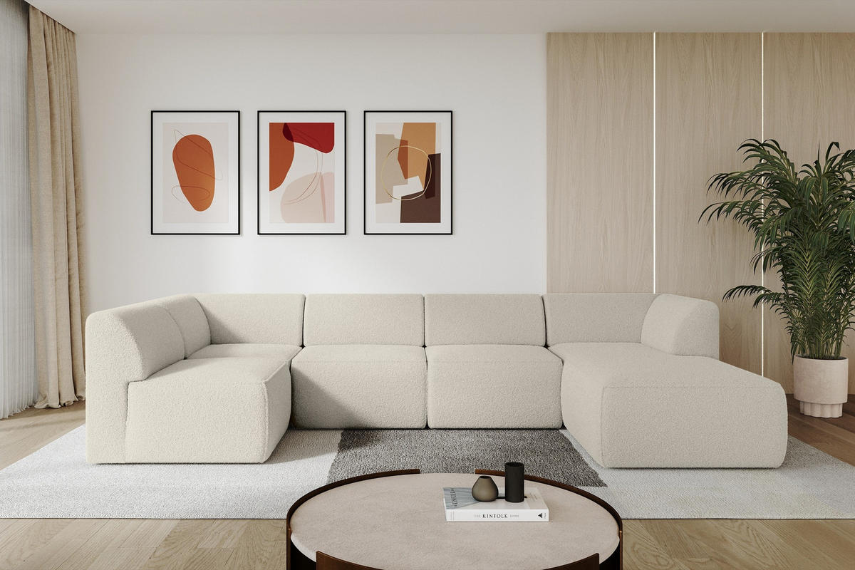 WOHNLANDSCHAFT Ottomane Rechts MOVO-L 345x180x78 cm Beige Bouclé - Sandfarben/Beige, Holzwerkstoff/Kunststoff (345/78/180cm) - ALTDECOR