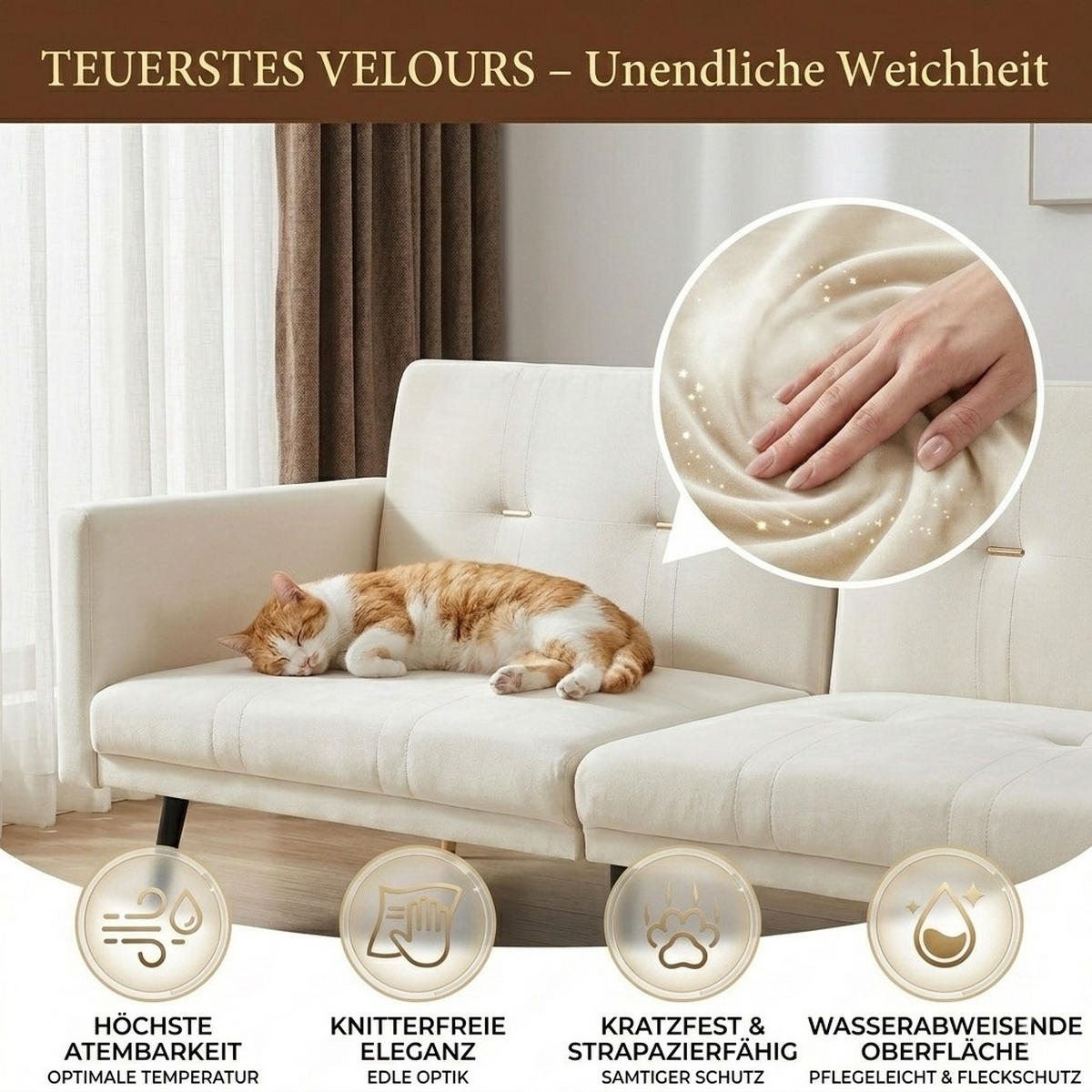 2-SITZER Schlafsofa aus Samt mit 5-fach verstellbaren Rückenlehnen Beige - Beige, Textil (89/70/164cm) - Modenvie