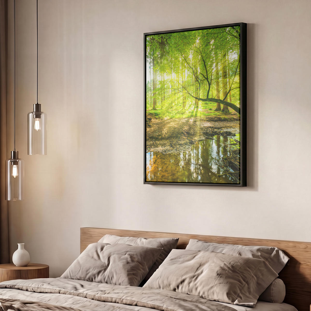 LEINWAND Bilder mit Rahmen - Wald - Landschaft - Wasser - Bäume - Sonne - Grün - Natur - 50x70 - Grün, Textil (50/70cm) - MuchoWow