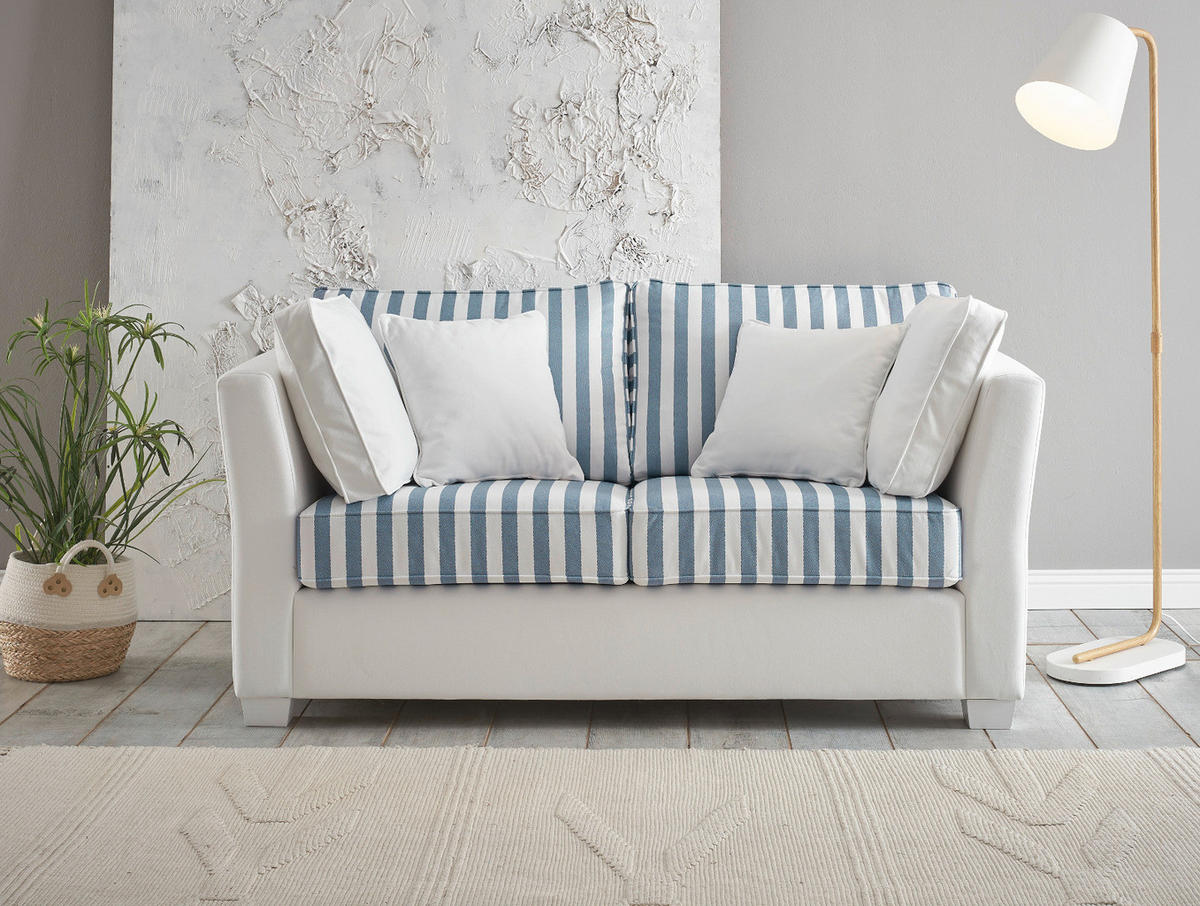 SOFA 2-Sitzer creme blau gestreift, Landhaus 160 cm, Couch inklusive 4 Kissen - Blau/Creme, Holz/Textil (160/88/96cm) - Furn.Design