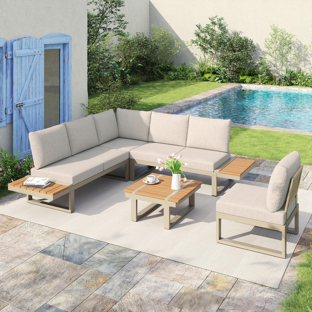 GARTENMÖBEL-SET 218/71/72 cm beige aus Stahl und Polyester mit Ablagen und Liegefunktion - Beige, Metall - OKWISH