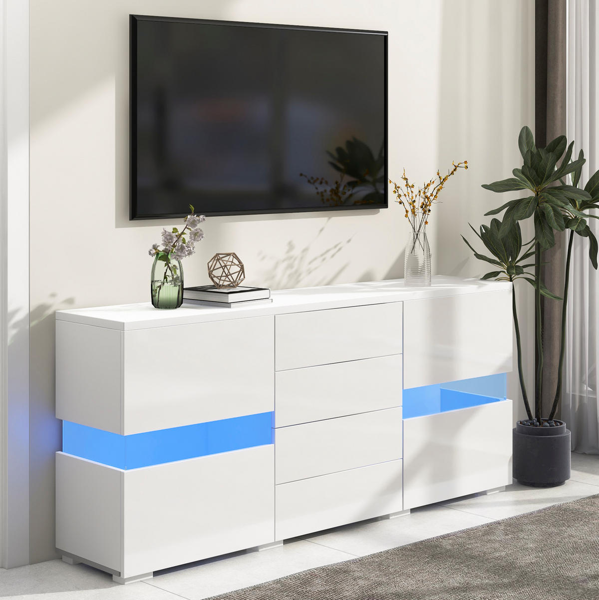 PŘÍBORNÍK z MDF 140x35x72 cm bílý s LED osvětlením, 4 zásuvkami a 2 akrylovými dvířky ve vysokém lesku - bílá, kompozitní dřevo (140/72/35cm) - Modfu