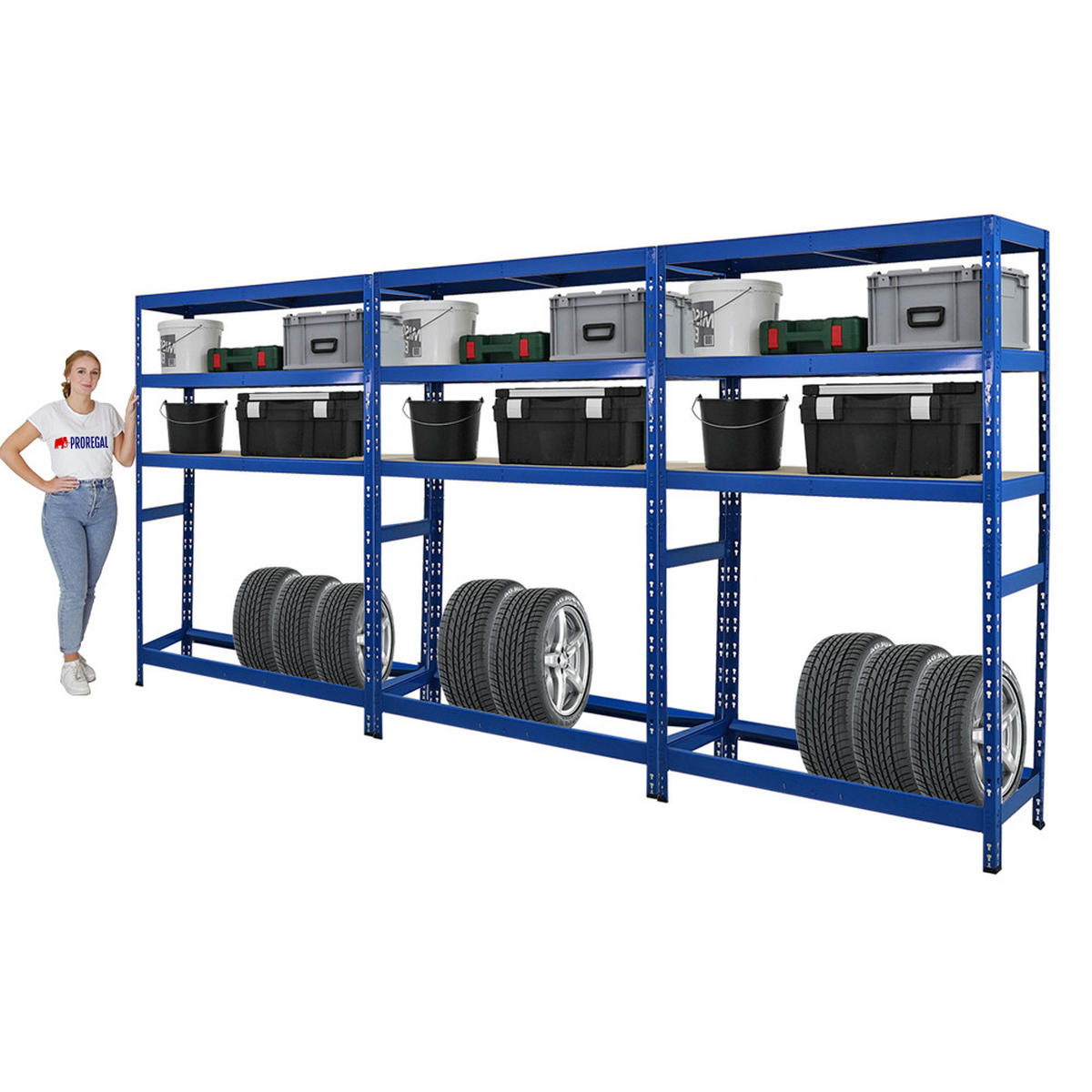 REIFENREGAL Tiger 3er-Set mit 3x 180x120x40 cm bis zu 18 Reifen mit 3 Fachboden Blau - Blau, Metall (360/180/40cm) - PROREGAL