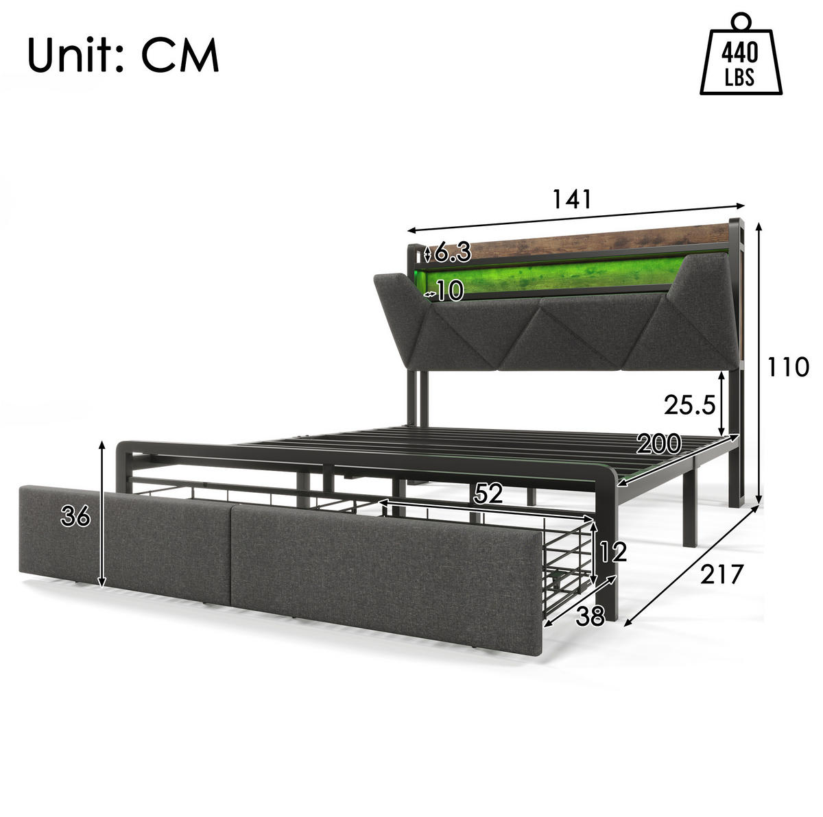 BETT aus Leinen 140x200 cm Grau mit LED, USB-C, Stauraum-Kopfteil und 2 Schubladen - Grau, Textil (140/200cm) - Modfu