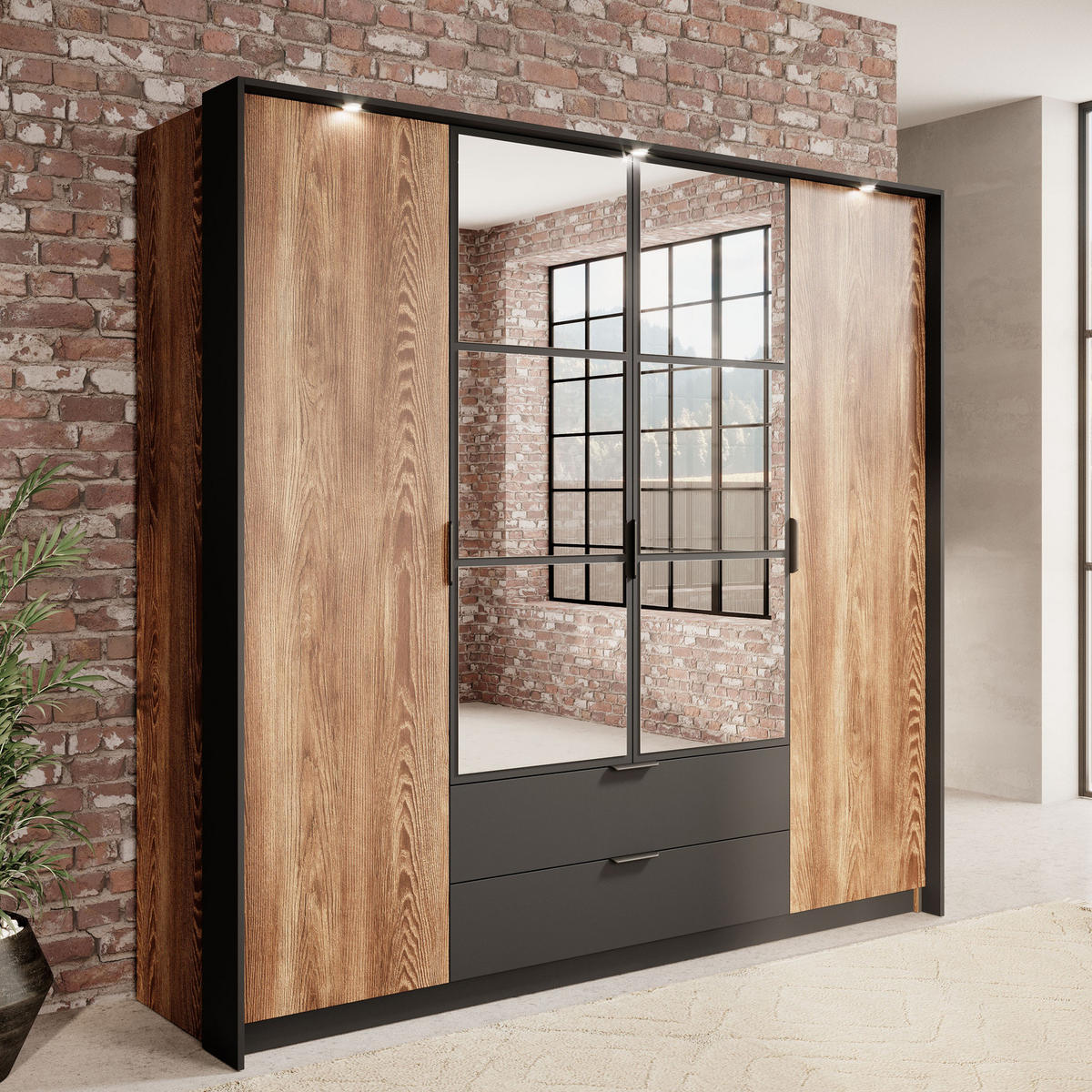 KLEIDERSCHRANK MELTON 223 cm Kastanie / Anthrazit - mit Spiegel, Schubladen und LED - Kastanienfarben/Anthrazit, Holz/Holzwerkstoff (223/210/59cm) - Ravio