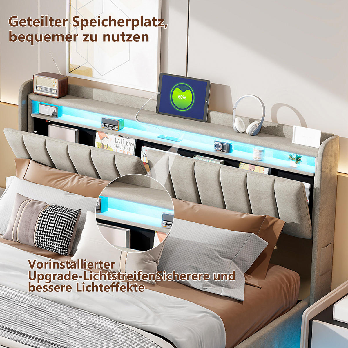 POLSTERBETT 140x200 cm Doppelbett, verstellbare LED-Leuchten, USB- & Typ-C-Schnittstellen, Samtstoff in Grau - Grau, Holz (140/200cm) - BRILVERDE