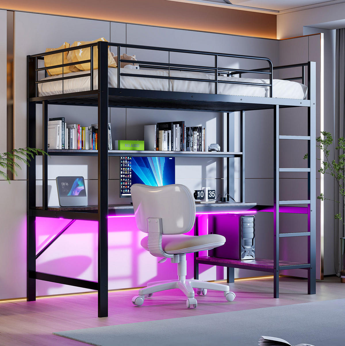 HOCHBETT 90/200 cm mit Schreibtisch, Regal, USB, Steckdose und LED-Ambientelicht, Schwarz - Schwarz, Metall (90/200cm) - Redom