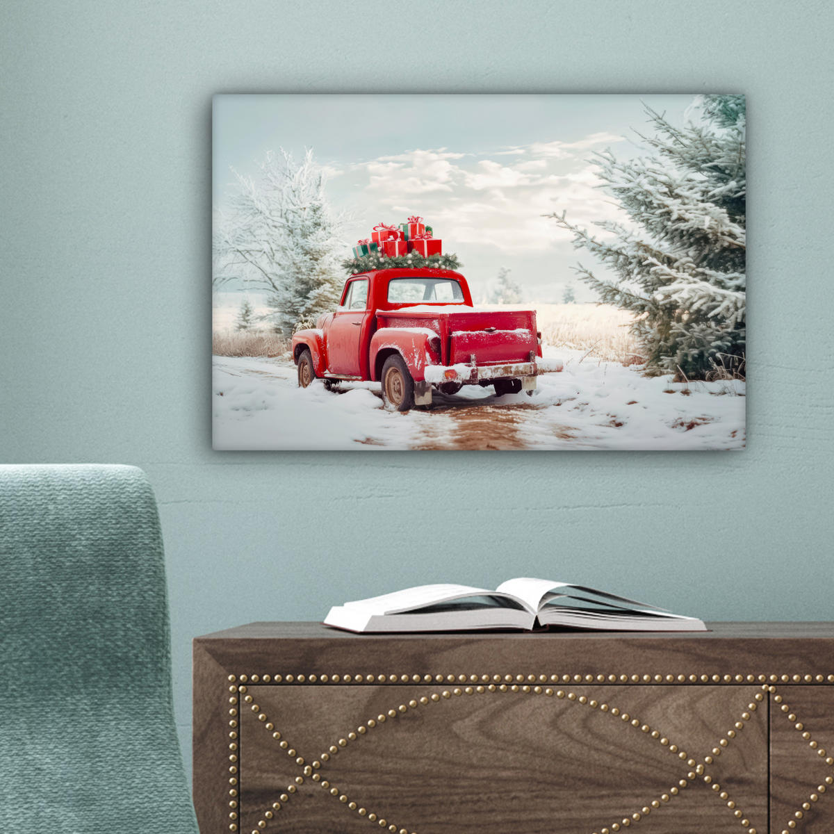 LEINWANDBILD Auto - Rot - Geschenke - Winter - Schnee - Weihnachten 30x20 cm - Rot, Textil (30/20cm) - MuchoWow