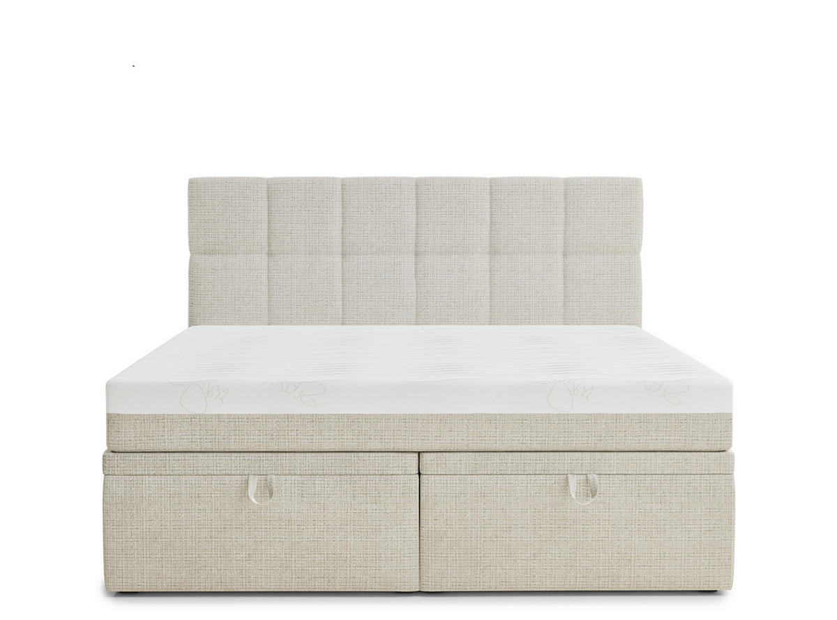 BOXBETT 140/200 cm Gotu M, in Beige, Matratze, gepolstertes Kopfteil, Bettkasten, H3 = fest - Beige/Schwarz, Holz/Holzwerkstoff (140/200cm) - Maison de Reve