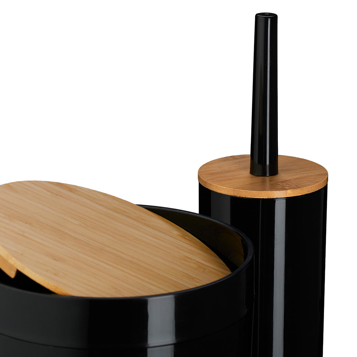 BADEZIMMER-SET 7-tlg. - Schwarz, Holz/Kunststoff (18/27/18cm) - Relaxdays