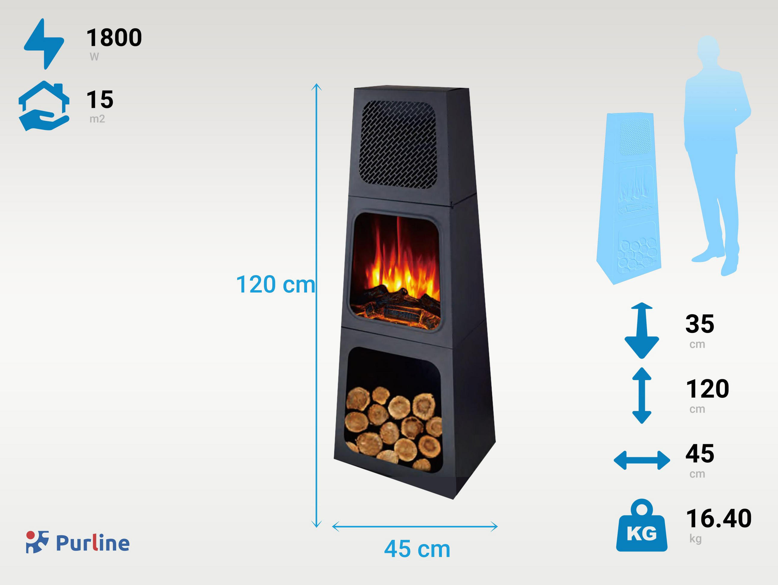 ELEKTROKAMIN Schwarz Bodenmodell mit integrierter Heizung 1800 W - Schwarz, Glas (45/120/35cm) - Purline