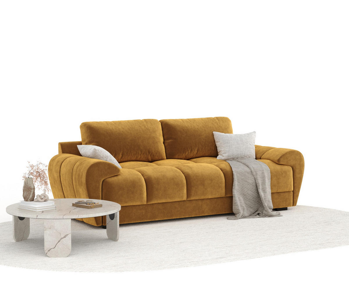 3-SITZER SOFA Peebles Honigfarbe Samtstoff - Schwarz/Honig, Holz/Holzwerkstoff (244/90/101cm) - Maison de Reve