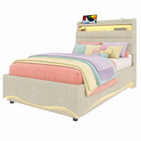 POLSTERBETT 90/200 mit Bettkasten, LED, USB/Typ-C und hydraulischem Stauraum in Beige - Beige, Holzwerkstoff/Textil (90/200cm) - EVRYAE
