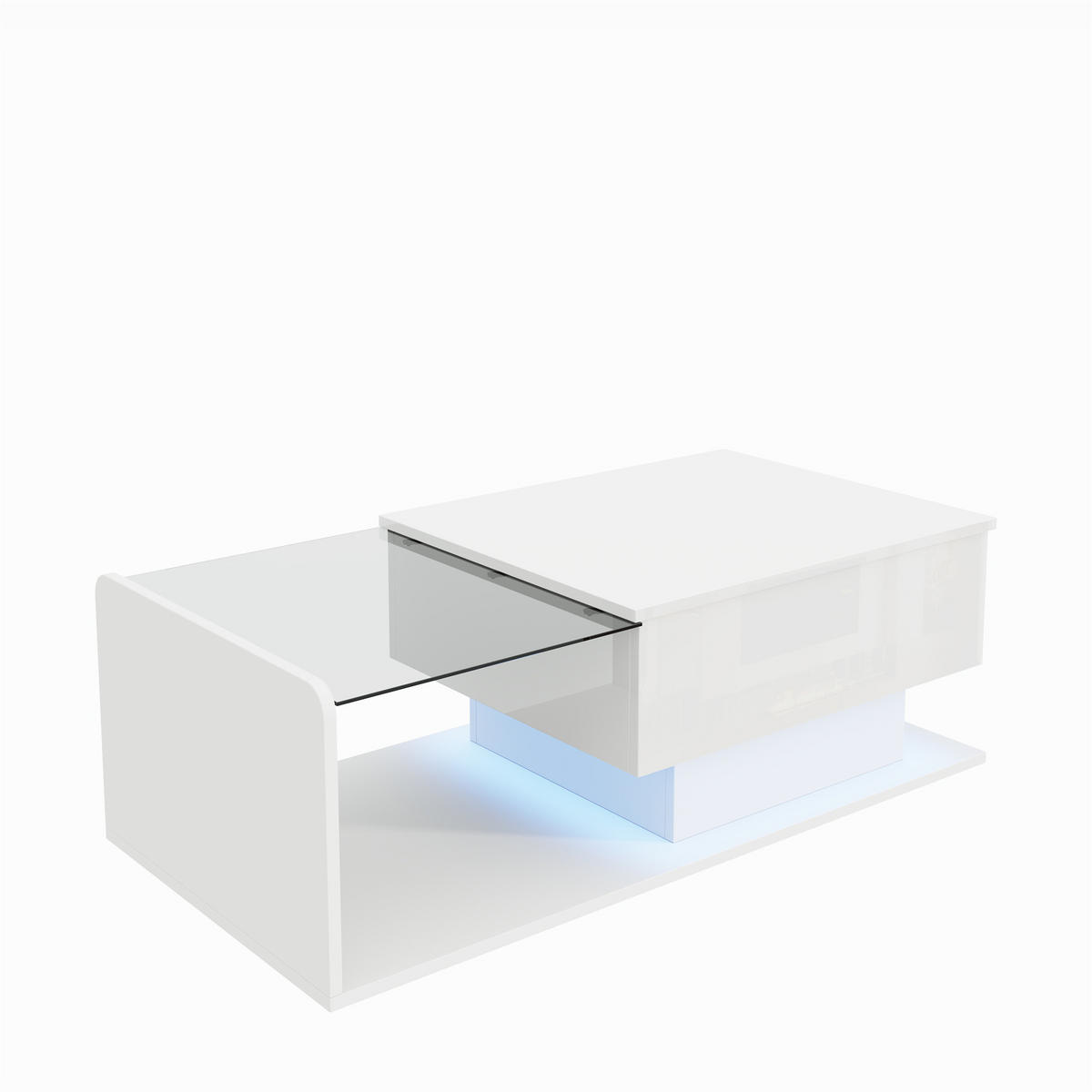 COUCHTISCH 100/50/33/47,5 cm Weiß aus Holzwerkstoff mit höhenverstellbarer Glasplatte und LED-Lichtleiste - Weiß, Holzwerkstoff (100/50/33cm) - OKWISH