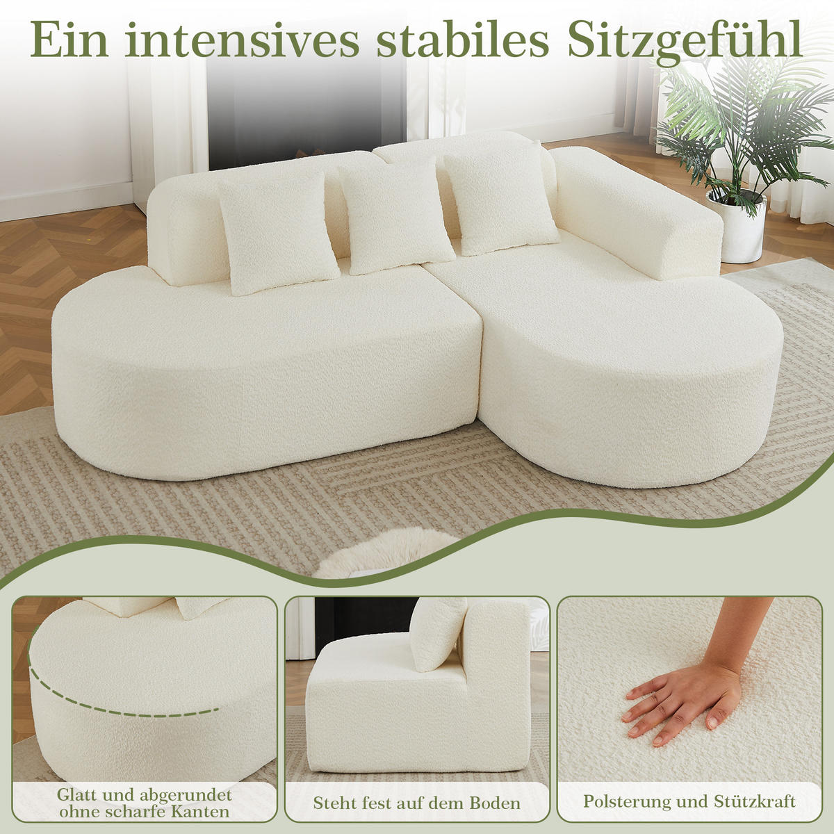 ECKSOFA 222/157/73 cm Beige Chenille mit 3 Kissen (Rechte Seite) - Creme, Textil (157/222cm) - Oxeza
