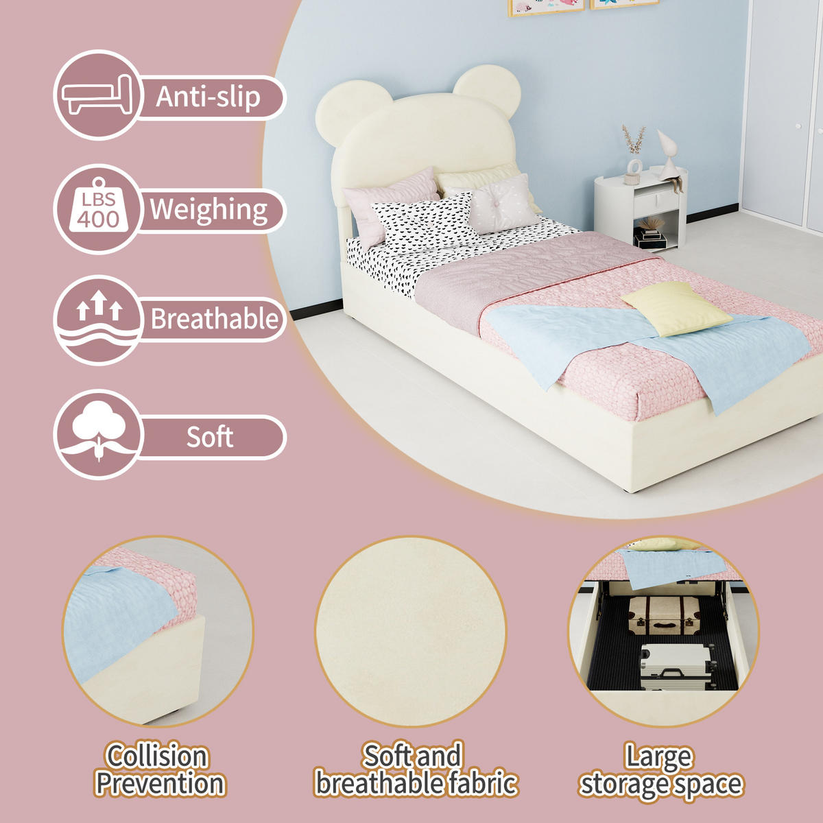 KINDERBETT 90/200 cm in Beige mit Bettkasten Stoff Cartoon-Design - Beige, Holzwerkstoff/Textil (90/200cm) - STILVORA