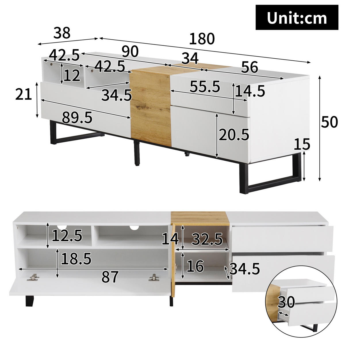 TV-ELEMENT mit Stauraum 180 x 38 x 50 cm MDF Weiß Holzoptik - Weiß, Holzwerkstoff (38/50/180cm) - Beauniv