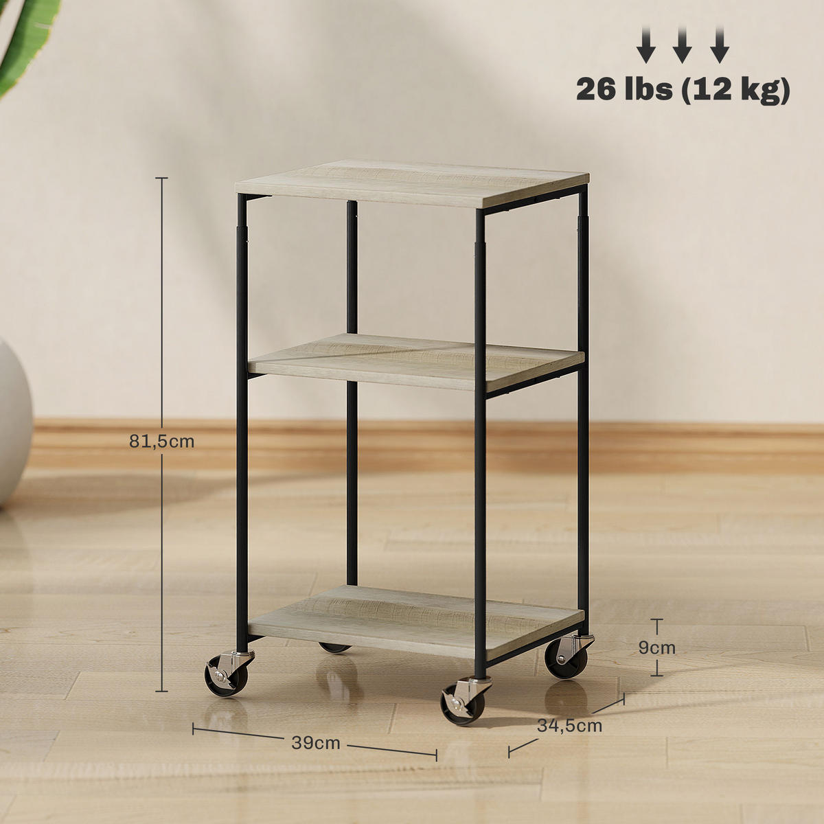 DRUCKERTISCH mit Rolle, Stahl, 39 x 34,5 x 81,5 cm - Grau, Metall (34.5/39/81.5cm) - HOMCOM