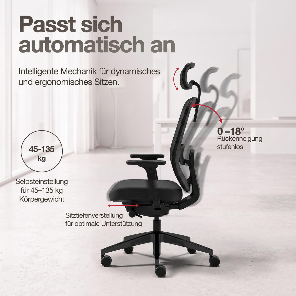 DREHSTUHL Ergonomischer Bürostuhl Atessa mit Polsterrücken und Kopfstütze / Mit Kopfstütze Schwarz Ergonomischer Polsterrücken - Schwarz, Textil (62.5/120.5/45cm) - ASSMANN