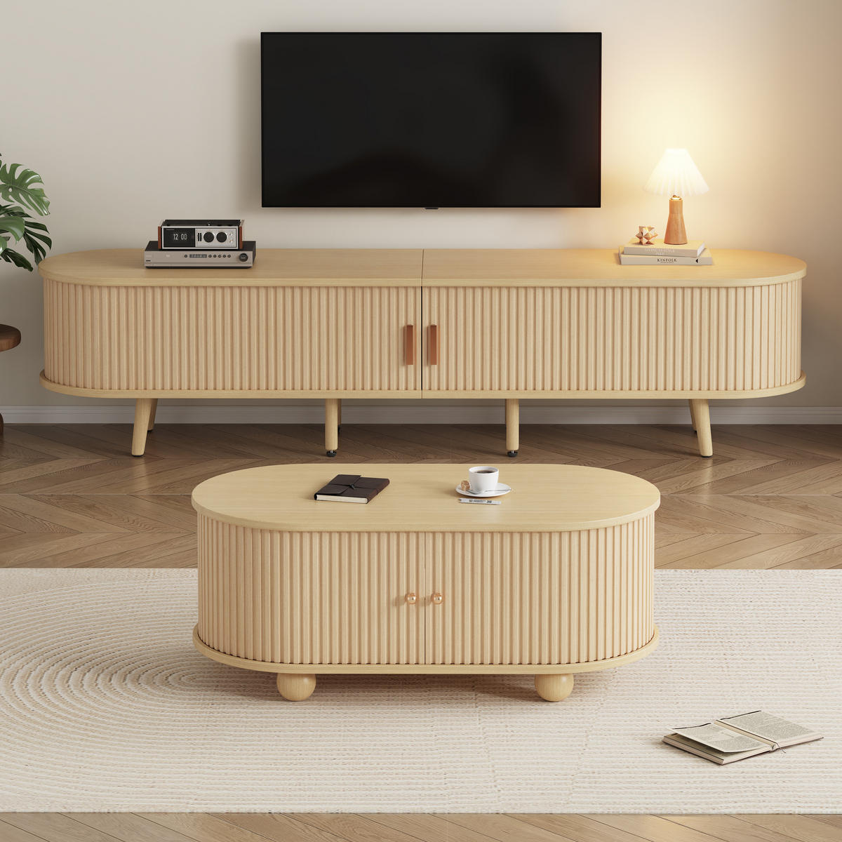 WOHNZIMMER-SET in Naturfarben mit Schubladen und Teleskoptüren für Wohnzimmer, B175/T40/H42 cm - Naturfarben, Holz/Holzwerkstoff (175/42/40cm) - STILVORA