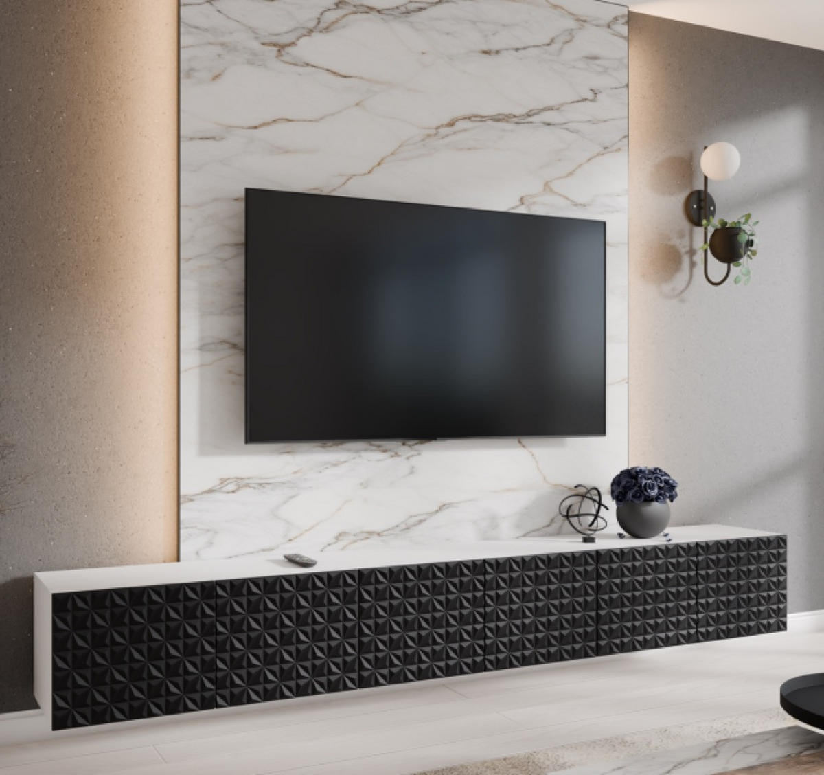 TV-SCHRANK Schwarz Weiß ALI Geschlossen Mit Dekorativen Fronten 300 cm - Schwarz/Weiß, Holzwerkstoff (300/41/40cm) - Sepro Meble
