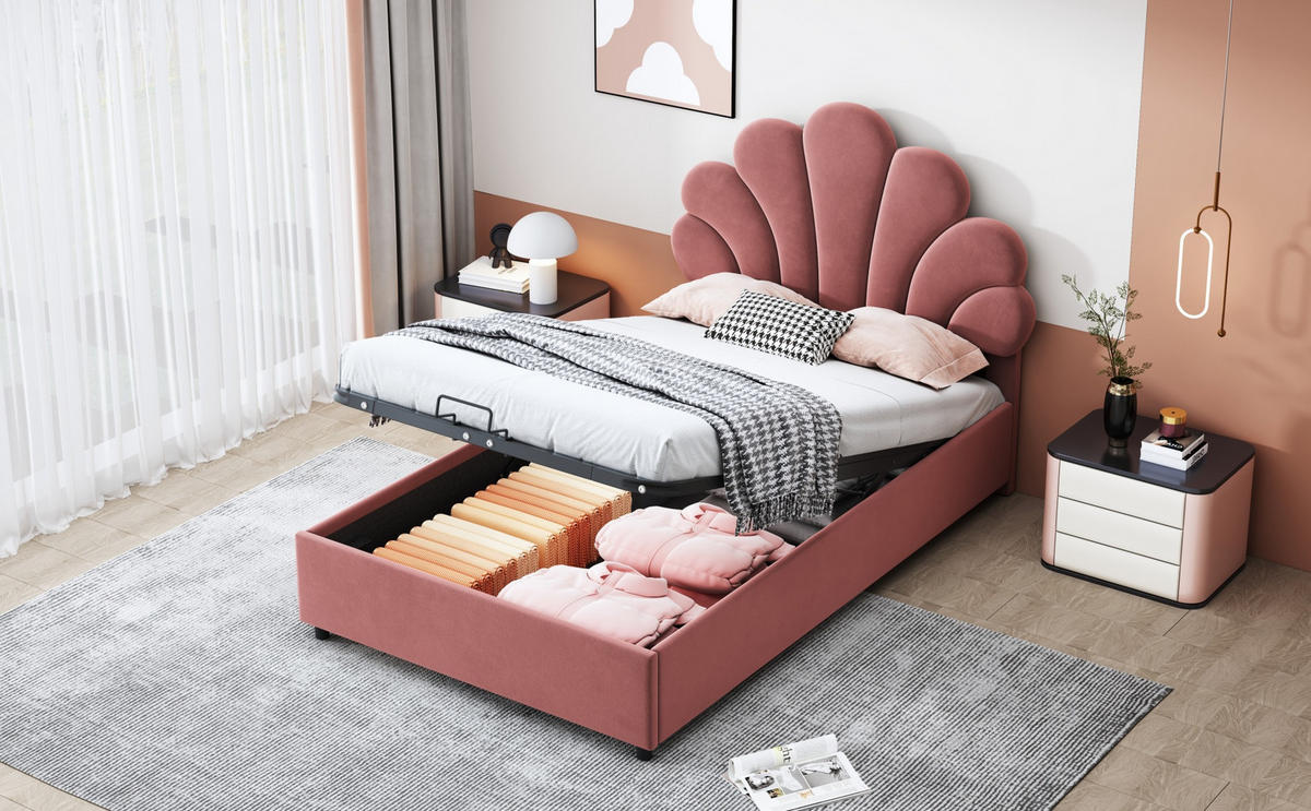 POLSTERBETT 90/200 cm Rosa aus Samt mit Stauraum - Pink, Textil (90/200cm) - OKMYHOME