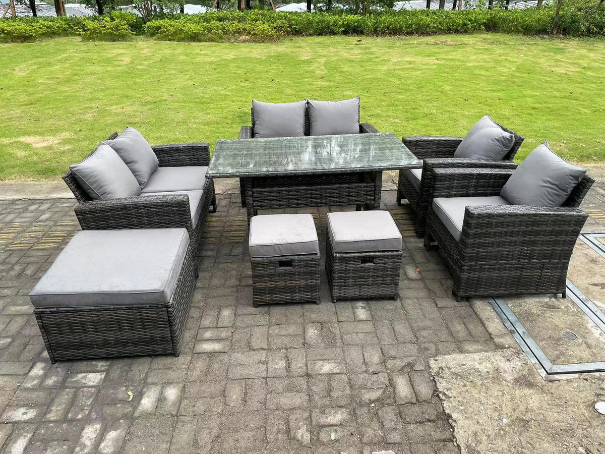 GARTENMÖBELGARNITUR mit Esstisch Polyrattan Dunkelgrau 9-Sitzer - Dunkelgrau/Grau, Glas/Kunststoff - Fimous