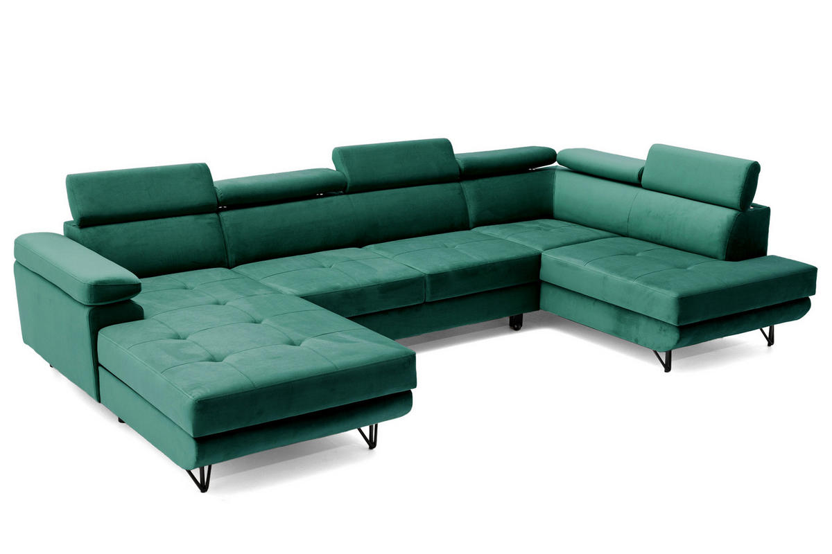 ECKSOFA U-Form JUNIOR U Rechts mit Schlaffunktion 128x254 Velours Dunkelgrün - Dunkelgrün/Schwarz, Holz/Textil (184/90/323cm) - Muffo