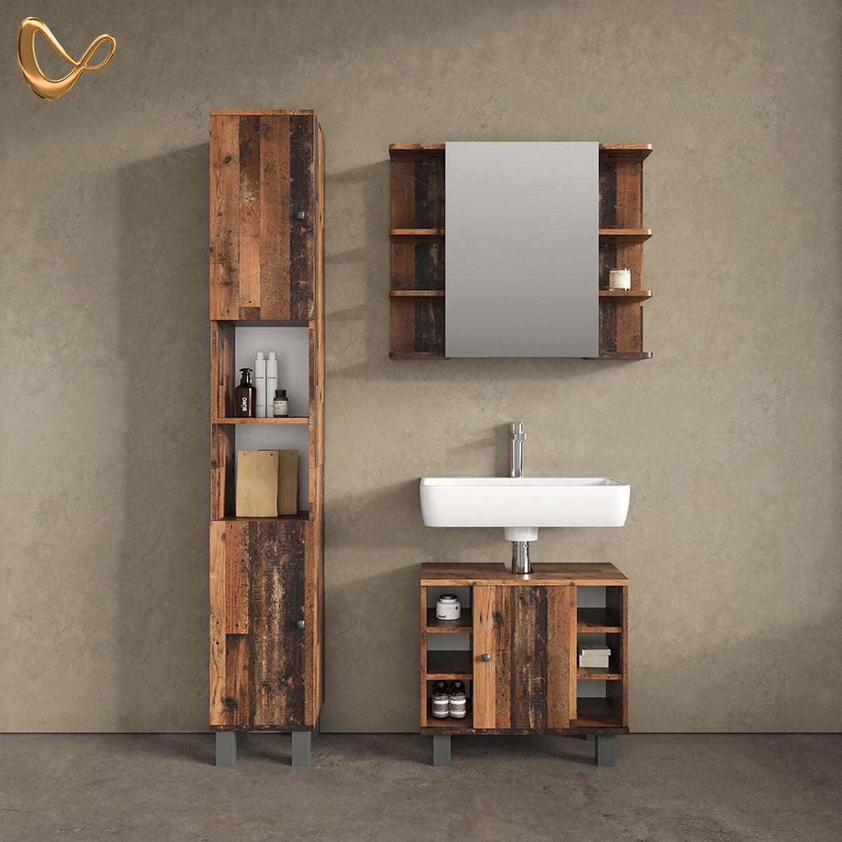 BADMÖBEL-SET Fucino Eiche rustikal 3 Teile, mit Hochschrank - Wildeiche, Holzwerkstoff (60/54/32cm) - Livinity®