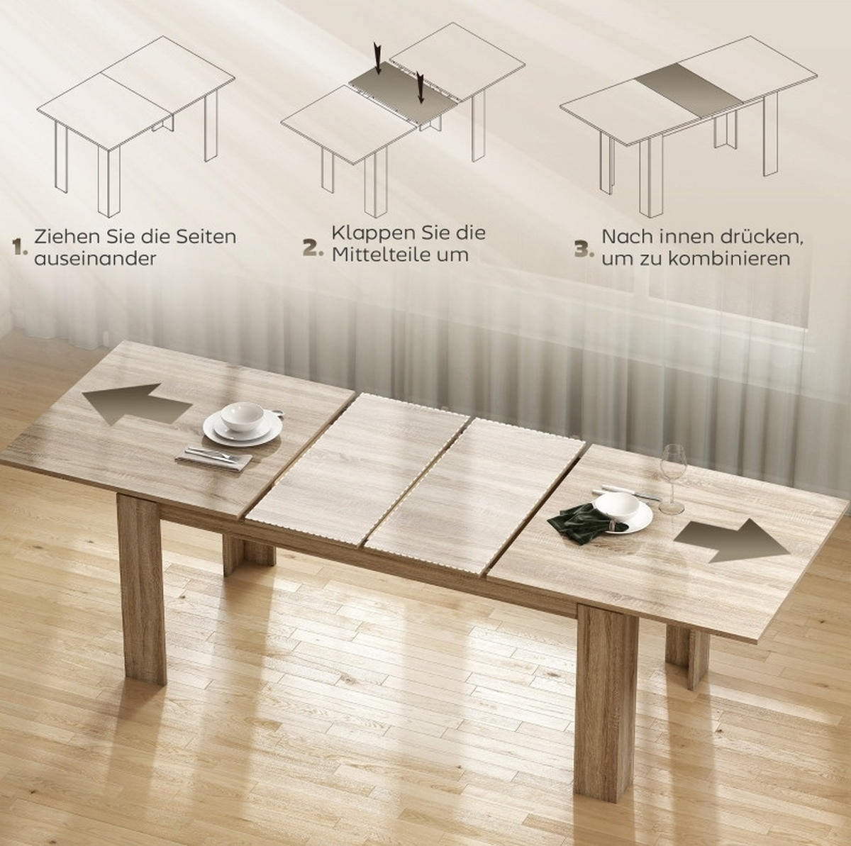 AUSZIEHTISCH 180/90/76,6 cm in Eichefarben – ausziehbar auf 260 cm - Eichefarben, Holz (260/90/76.6cm) - BEAOK