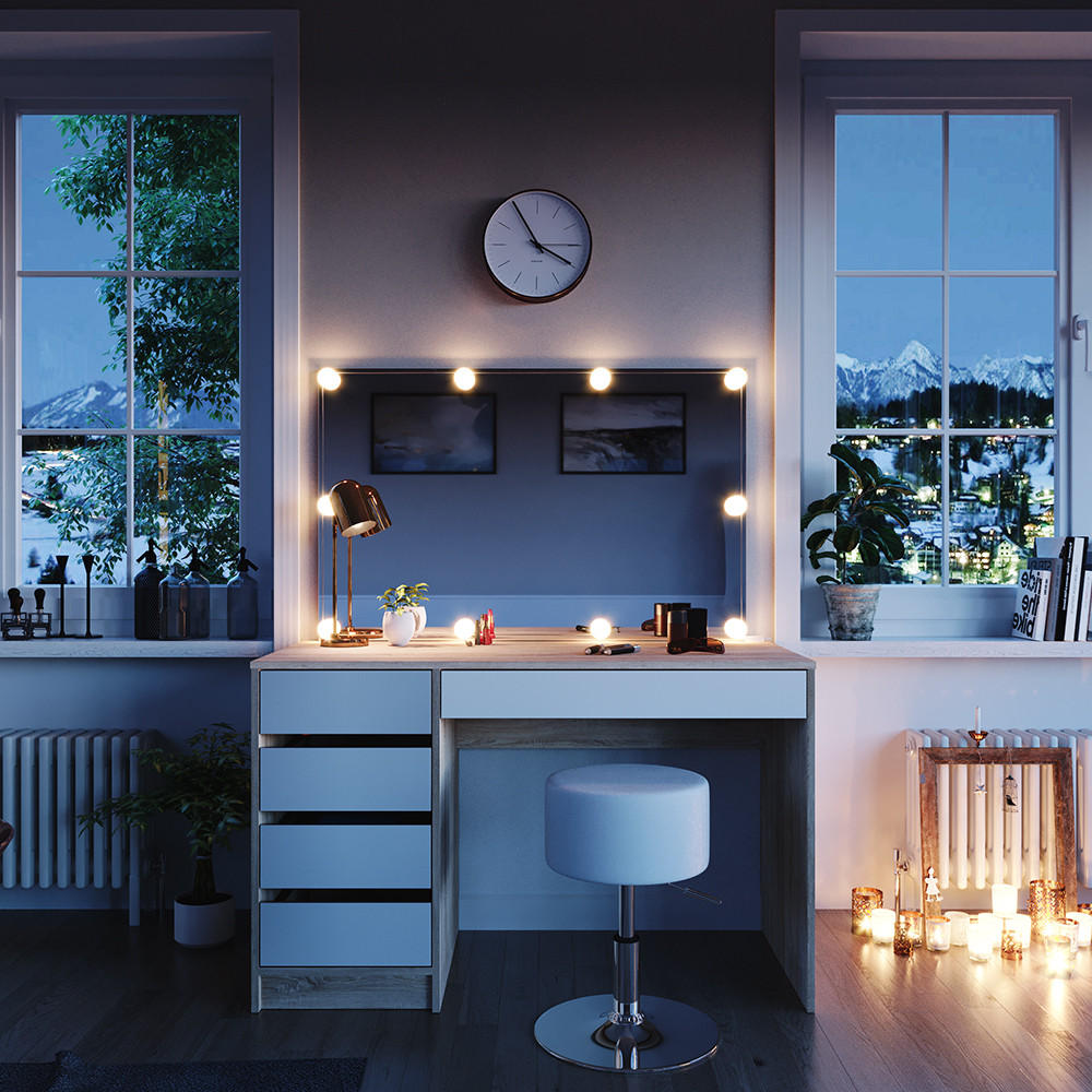 SCHMINKTISCH Sherry Weiß/Sonoma 120 cm mit LED Beleuchtung und Hocker - Weiß/Sonoma Eiche, Holzwerkstoff (120/75/55cm) - Vicco